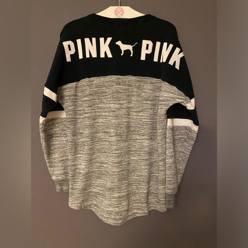 VS PINK LACE UP COLORBLOCK VARSITY CREW SWEATSHIRT MARL GRAY PATCH PUP DOG LOGO